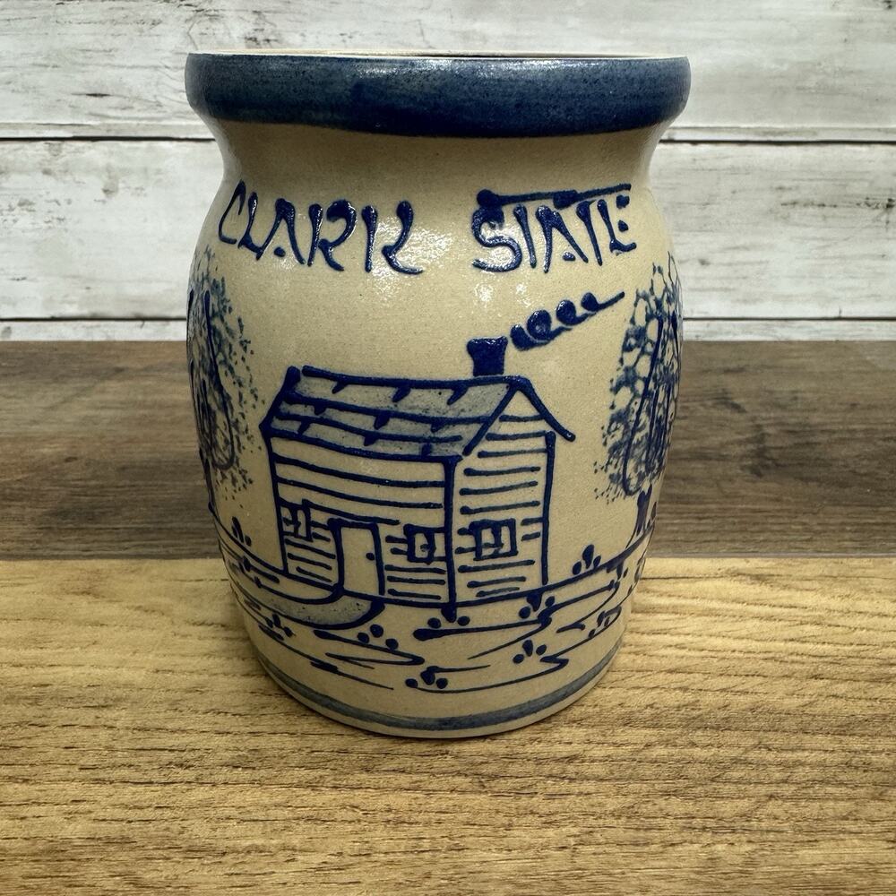 BBP Beaumont Brothers Pottery Clark State Salt-Glazed Crock -House, Trees 5.5”